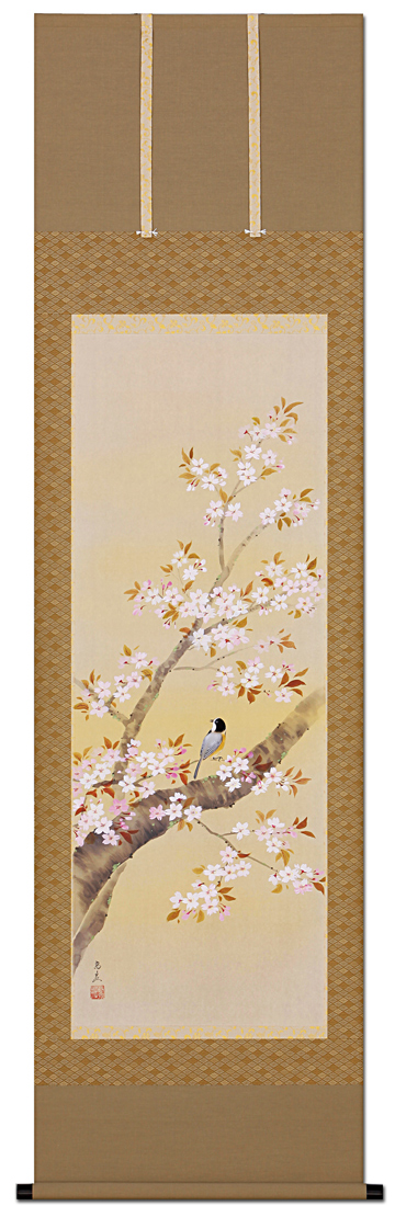 【特価最新品】◆ 堀高泉 『 桜に小禽 』 日本画掛け軸 送料無料 掛軸