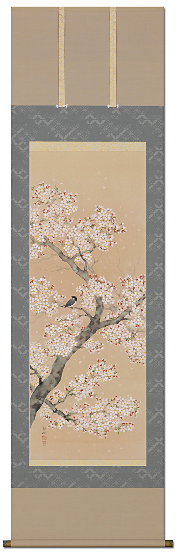 高品質格安★緒方葉水『桜花に小鳥（尺五立）』版画+手彩色 掛軸 掛け軸 その他