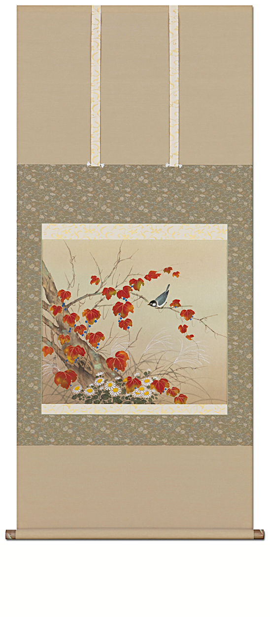 【SALE低価】★鈴木秀湖『蔦に小禽 （尺八横）』日本画 掛軸 掛け軸 花鳥、鳥獣