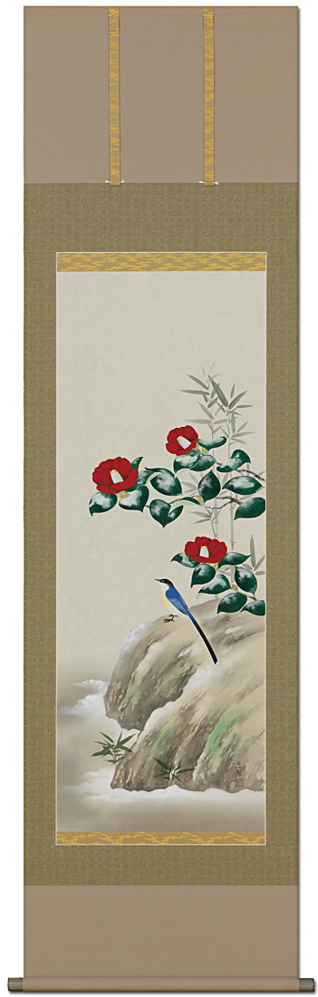 最新海外◎林文耀『寒椿に小鳥』日本画★花鳥・掛け軸・ 花鳥、鳥獣