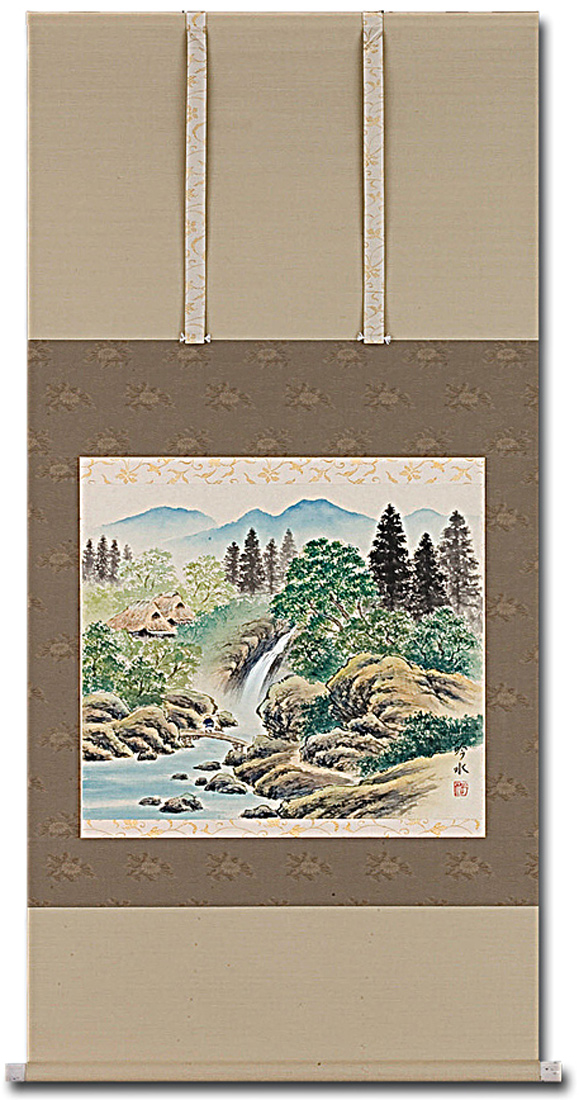 激安◎奥田吟水『彩色山水（尺八横）』日本画★風景・掛け軸・ 山水、風月