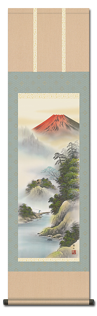 top掛け軸 〔鈴村秀山 尺三 紅峰清風〕 長さ約1754ｍｍ 画寸/997×336mm