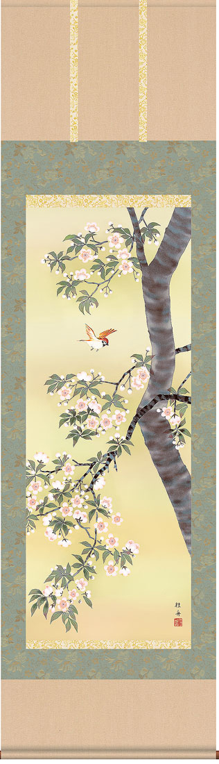 花鳥画 桜花に小鳥 長江桂舟 （春）尺五 【特価 】 日本製 春 - 掛け軸 