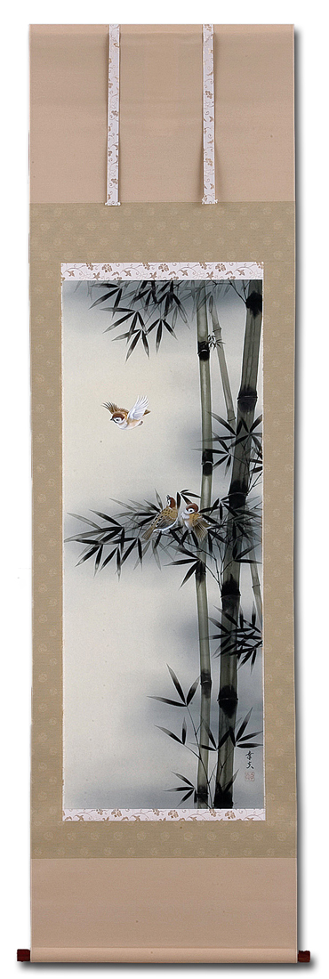 【日本通販】◎山下幸夫『竹に雀』日本画★・掛け軸・ 花鳥、鳥獣