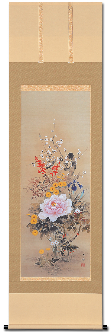 四季花（石田大寿） 尺五 ! 花鳥画 - 掛け軸（掛軸）販売通販なら 