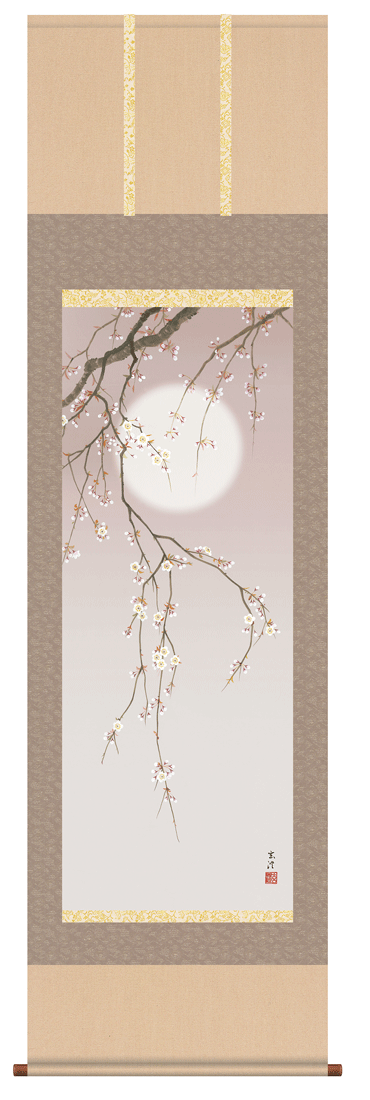 花鳥画 夜桜 清水玄澄 （春）尺五 【特価 】 日本製 春 - 掛け軸（掛軸 