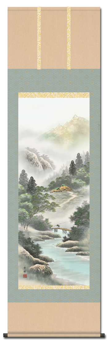 彩色山水 四季山水（夏） 中山雪邨 【尺五】 日本製 山水画 - 掛け軸